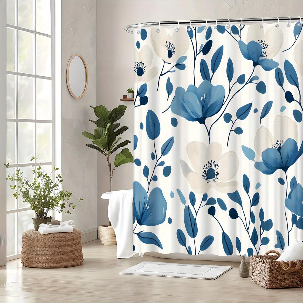 Blue and White Peonies Shower Curtain - Digital Drawing, Seamless Flowers On Cream, Modern Minimalist Bath Décor