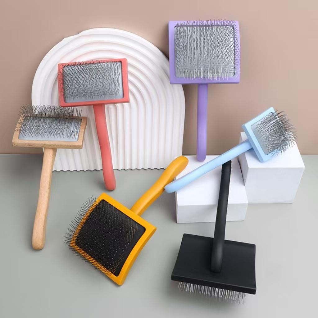 High Quality Custom Logo Dog Grooming Brush Long Pin Needle Stainless Steel Slicker Cat Dog Hair Removal Wood Pet Combs Soft Box