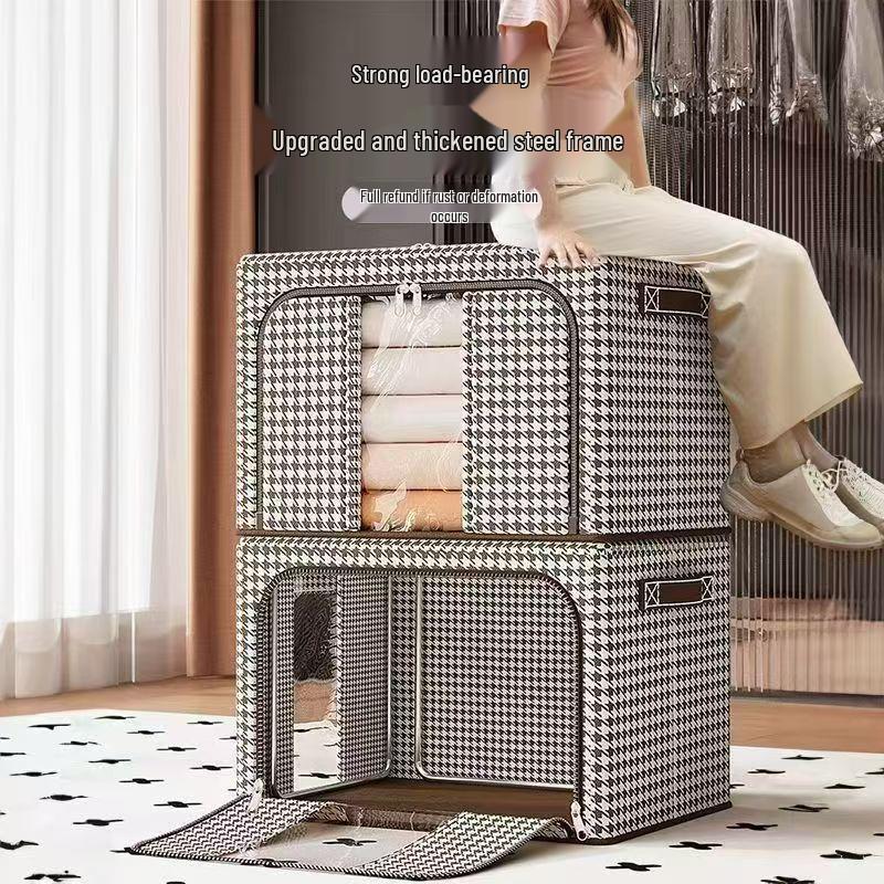 Houndstooth Foldable Storage Box with Lid - Moisture-Proof Organizer for Clothes, Duvets, and Toys