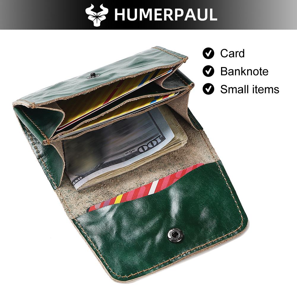HUMERPAUL Ladies wallet first layer cowhide solid color convenient retro style short coin purse credit card storage leather solid color card case