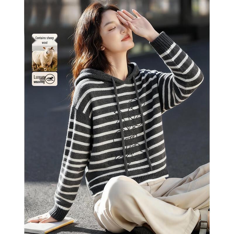 Demana Women s Striped Hooded Wool Blend Knit Sweater M