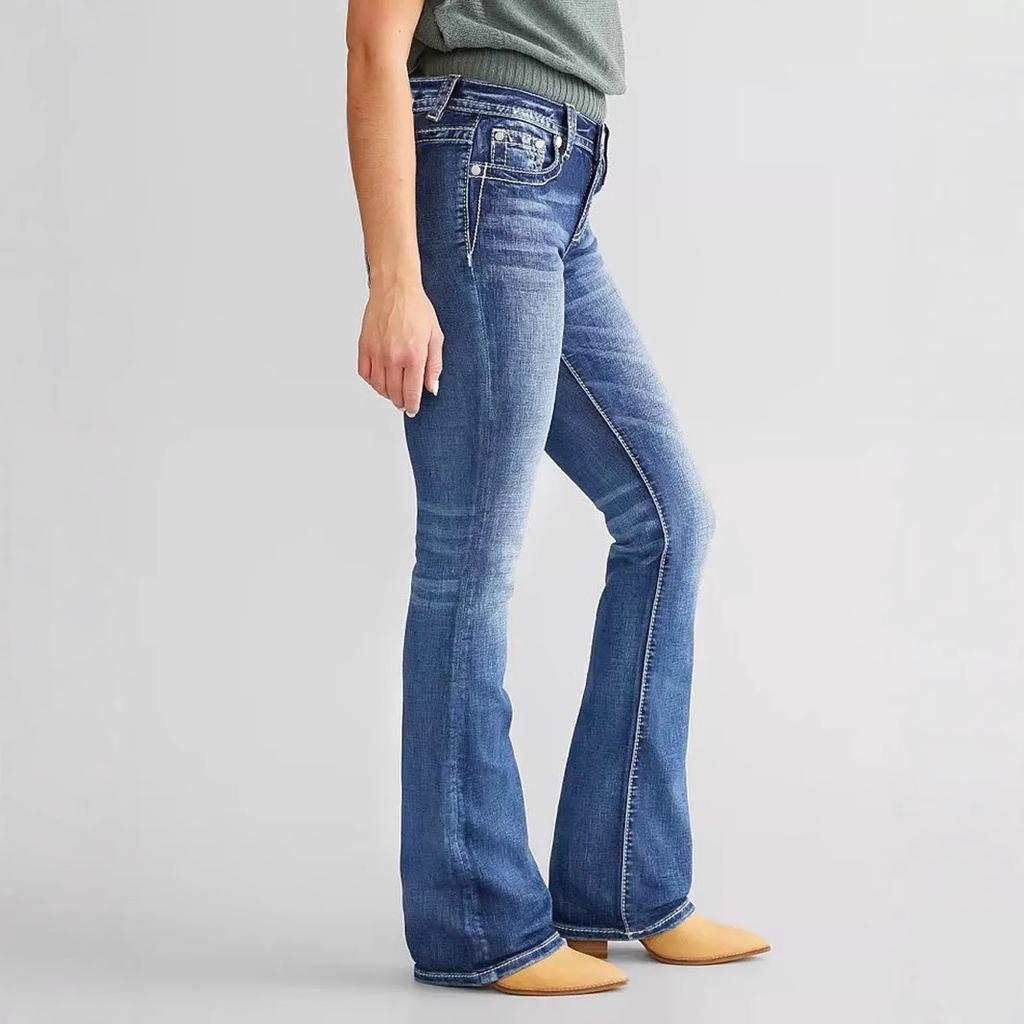 Jeans évasés taille moyenne pour femme Jeans bootcut décorés de broderies Pantalon long en denim stretch décontracté Pour un usage quotidien