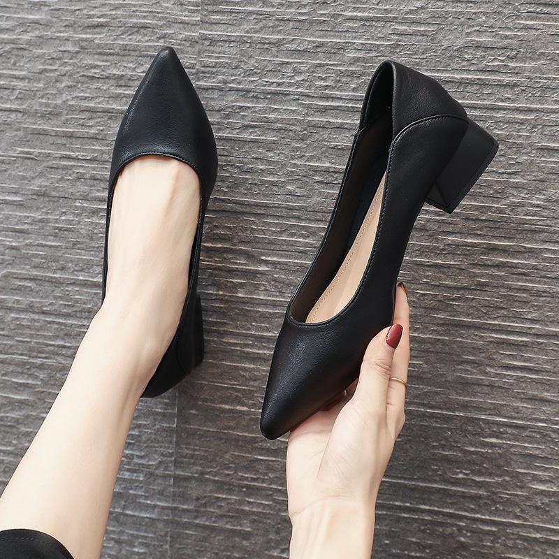 Thick Heel Low Heel Single Shoes Women's Spring and Autumn Style Temperament Pointed Work Shoes Are Not Tired Feet Shallow Mouth Middle Heel Commuting