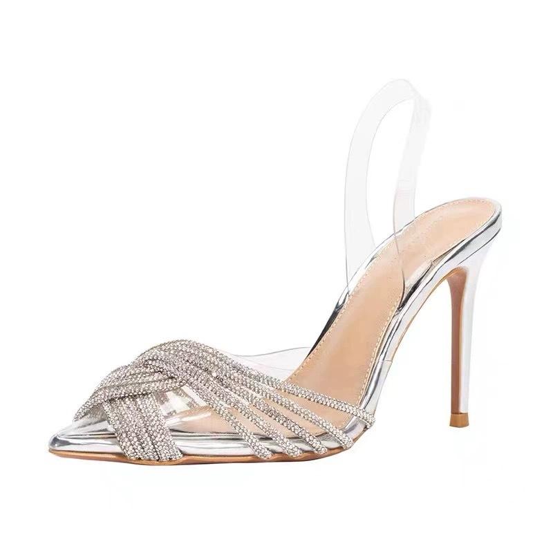 Summer New Transparent Cross Rhinestone Bag Head One-word Sandals Women's Thin Heels Sexy Rear Empty Pointed High Heels