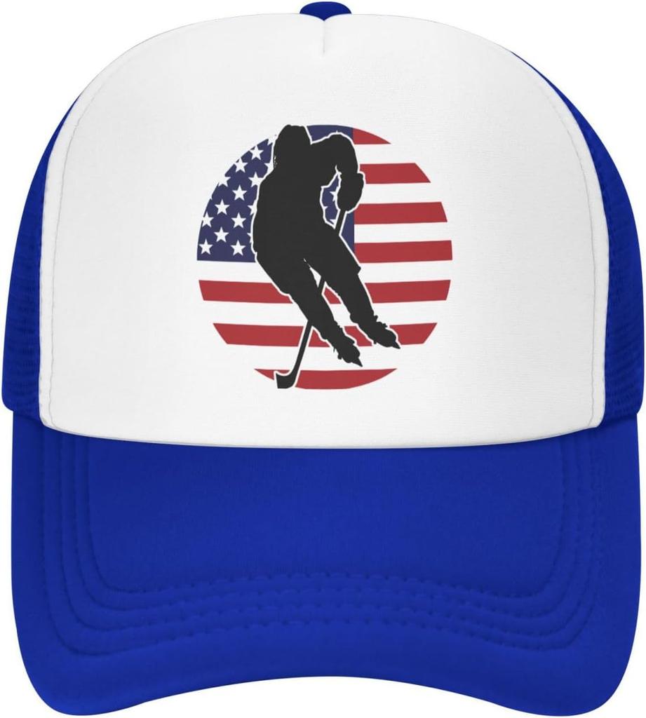 Hockey Player American Flag Graphic Trucker Hat Breathable Mesh Baseball Cap Adjustable Snapback for Adults