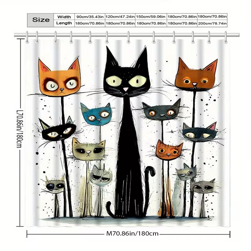 VIKAMA Cartoon Cat Print Shower Curtain Easy Care Nordic Style Bathroom Wet/Dry Separation Healing and Adorable Atmosphere