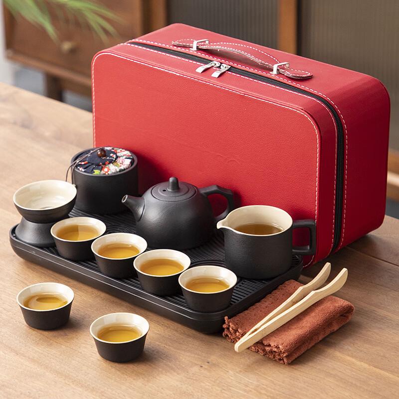 Nordic Portable Ceramic Travel Tea Set, 14-Piece with Red Bag