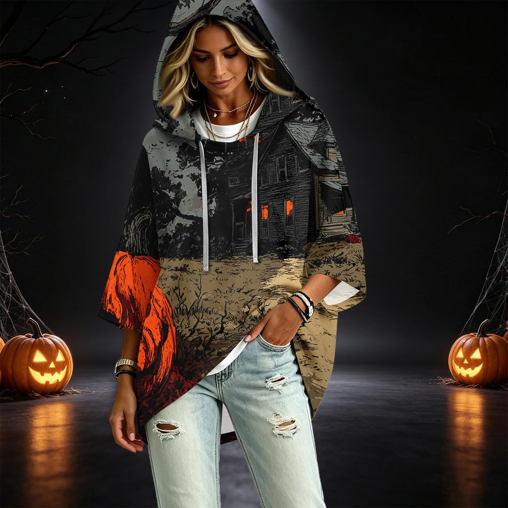 Women's Casual 3/4 Sleeve Halloween Print Hooded Pullover Top for