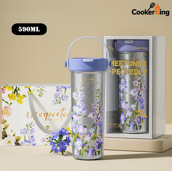 

COOKER KING 590ML Insulated Cup Titanium+PP Flower Pattern Straw Insulated Cup Handheld Wate Rbottle Light Luxury Birthday Gift 590ML