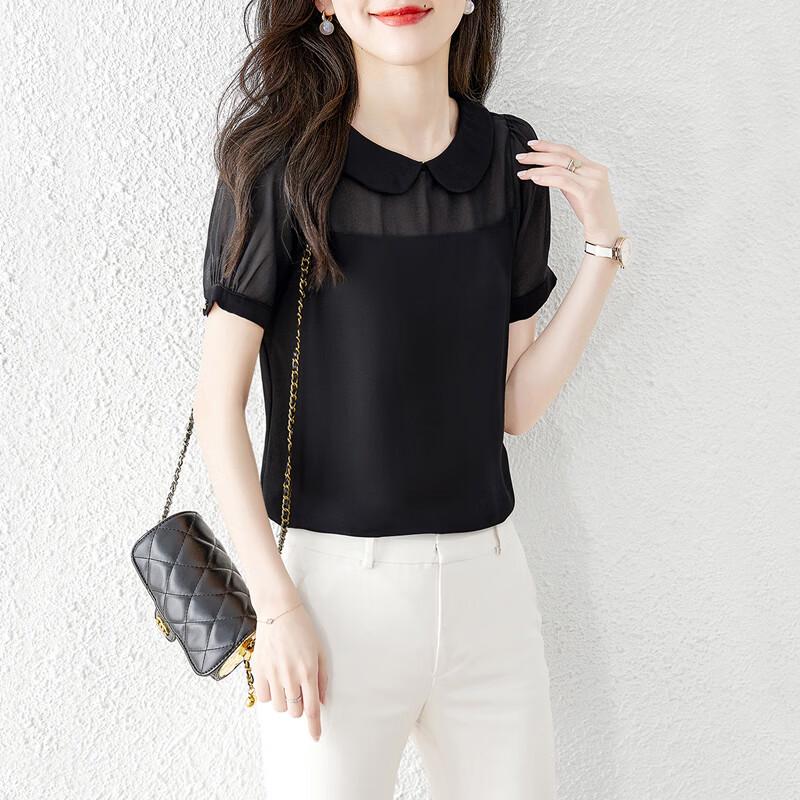 Sibaishe 2026 S/S Women s Pleated Doll Collar Short Sleeve Shirt XL