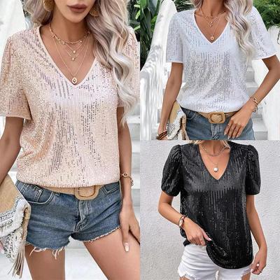 Summer Women's Sexy Solid Color Sequin V-neck Short Sleeved Loose Fitting Women's T-shirt