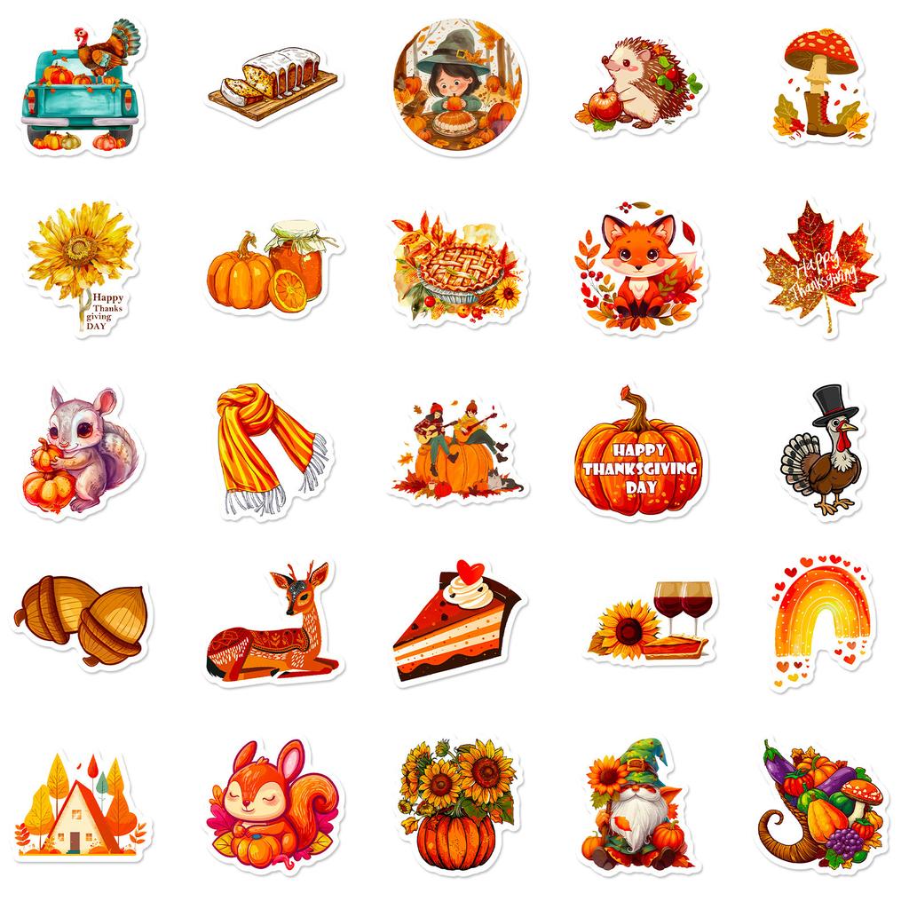 50 Thanksgiving Graffiti Stickers Turkey Apple Pie Fall Harvest Holiday Celebration Decorative Luggage Stickers