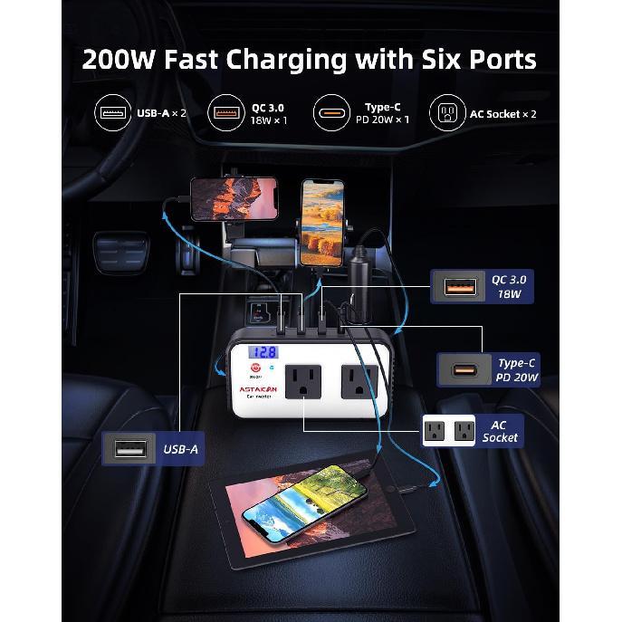 200W Car Power Inverter, DC 12V To 110V AC Car Plug Adapter With 20W USB-C & 18W USB-A Dual AC Outlet, PD/QC Fast Car Charger For Laptop, Vehicles,