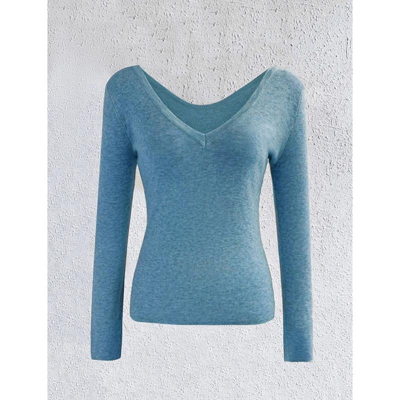 New Reversible V-Neck Long Sleeve Knitted Top Solid Color Round Neck Wool Blend Pullover Sweater Base Shirt