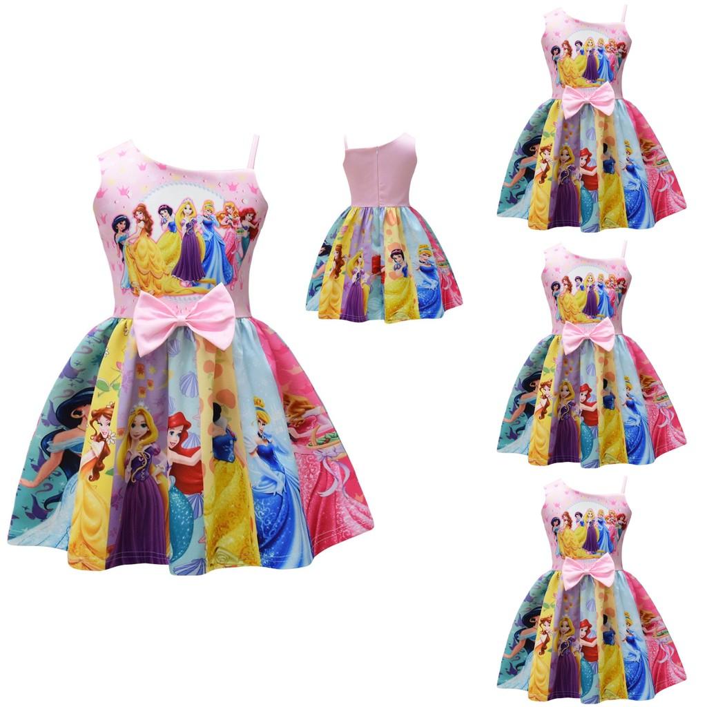 Vestito Bambina Principesse Disney Con Fiocco Misto Cotone Per Primavera Estate Età Da 3 A 8 Anni