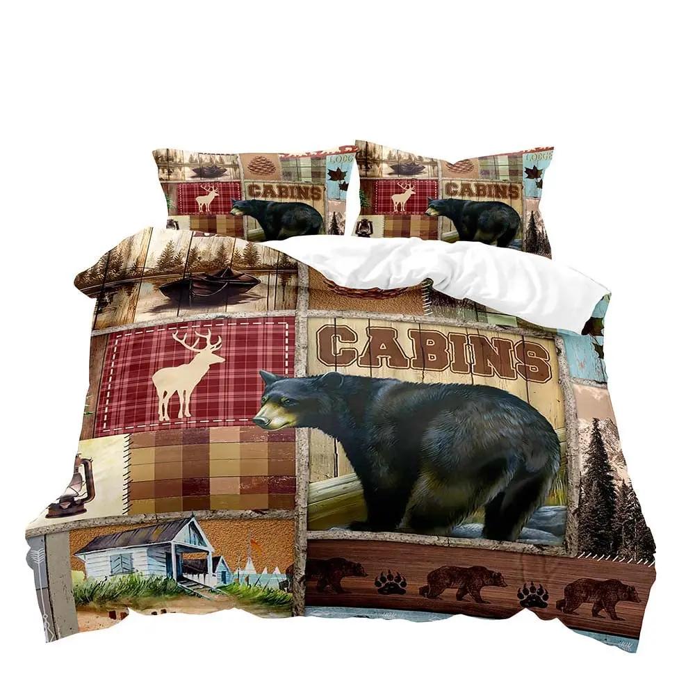 Farmhouse Duvet Cover SetBlack Bear Deer Elk Moose Forest Animal Wildlife Lodge Rustic Bedding Set KingSage Green Brown Plaid