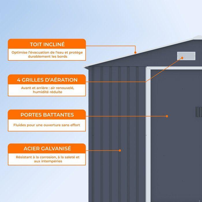 Abri de jardin en métal 5,29 m² - 277 x 191 x 202 cm - VENUS Kit d'ancrage inclus, 2 portes coulissantes, 1 fenêtre latérale Gris
