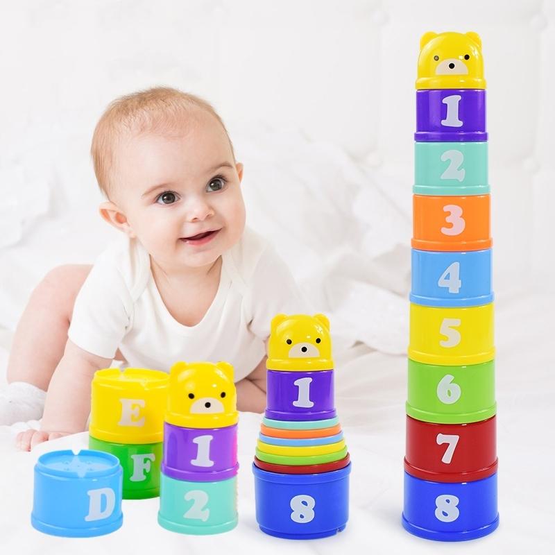 9pcs/set Kids Stack Cups Toys Early Educational Figures Letters Foldind Stack Cup Tower Baby Intelligence Training Toy Gifts