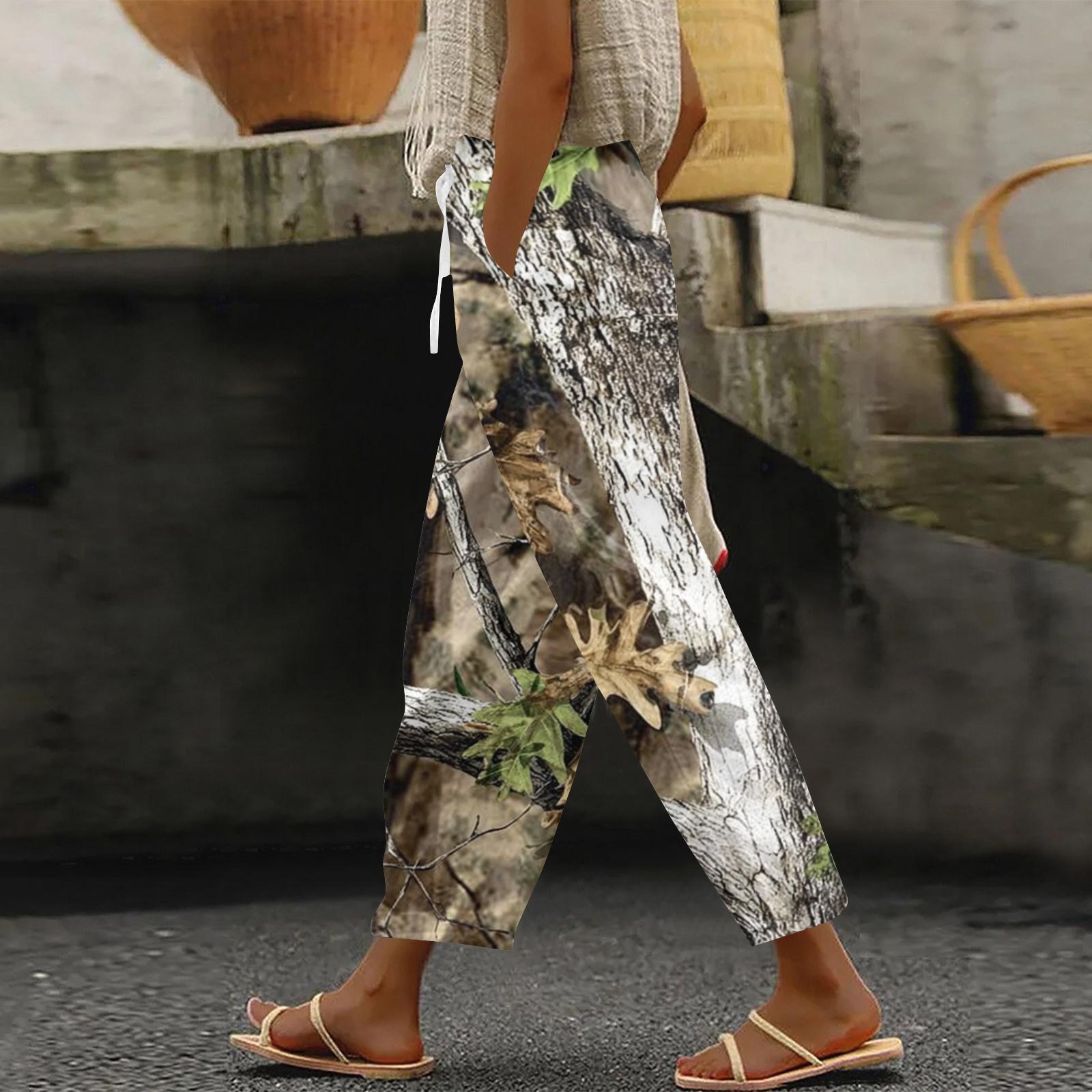 

Women s fashion printed drawstring pocket elastic waist casual pants S верблюд