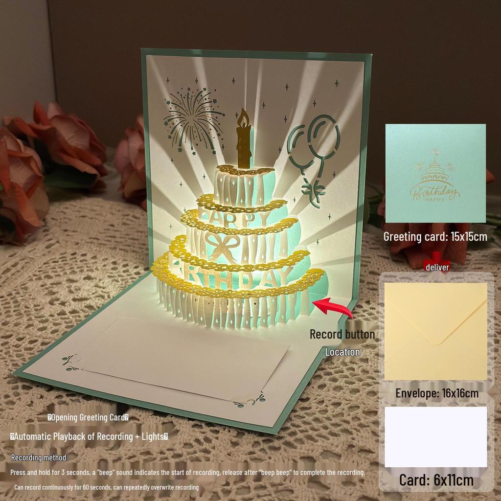 Dźwiękowa kartka urodzinowa 3D Pop-Up ze światłem do nagrywania - Wzór tortu na prezent dla chłopaka/dziewczyny