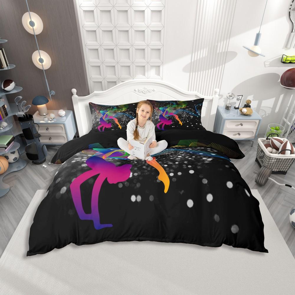 Homewish Girls Gymnastics Lover Duvet Cover Set,Green Pink Sequin Print Bedding Set,Cartoon Princess Print Bed Set