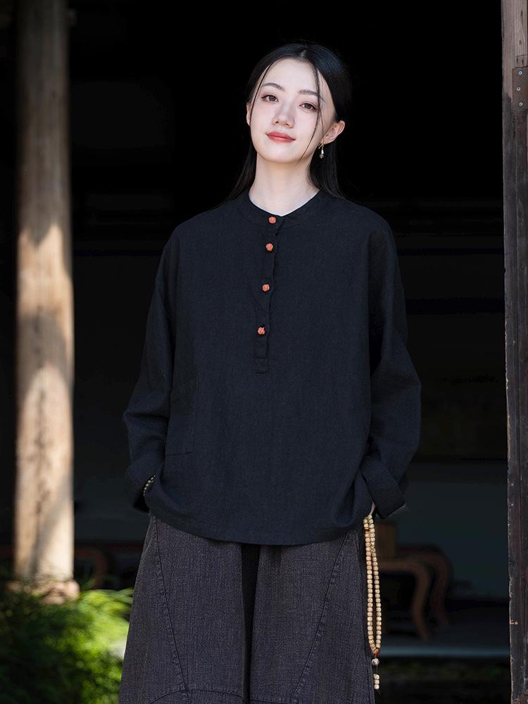 2025 Autumn Cotton Linen Women's Color Block Stand Collar Frog Button Pullover Plus Size Top