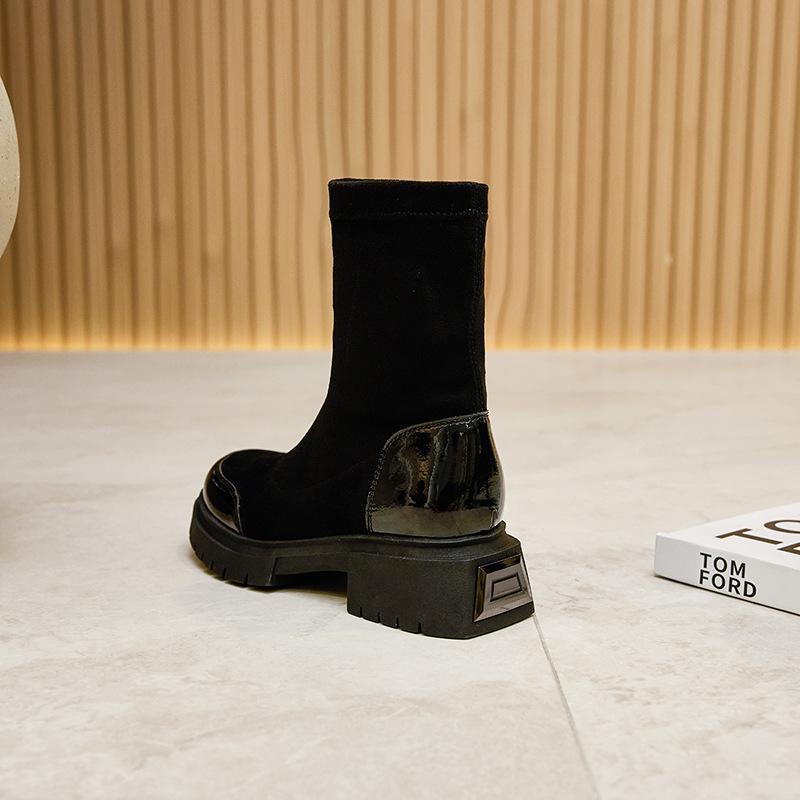 

Черные сапоги женские длинные сапоги на толстой подошве 2025 новая осень и зима на толстом каблуке эластичные тонкие сапоги женские повседневные туфли на одной педали 39