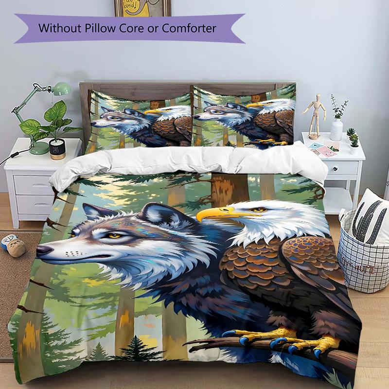 3pcs Wolf Eagle Forest Fantasy Duvet Cover Set, 1 Duvet Cover + 2 Pillowcases (No Insert), High-Definition Print, Home & Dorm Yy251123045
