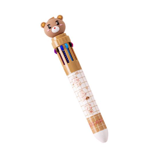 10-In-1 Retractable Ballpoint Pen Cartoon Bear Colored Pen 0.5MM Fine Point Smooth Writing Colorful Ball Pen Students School Office Supplies