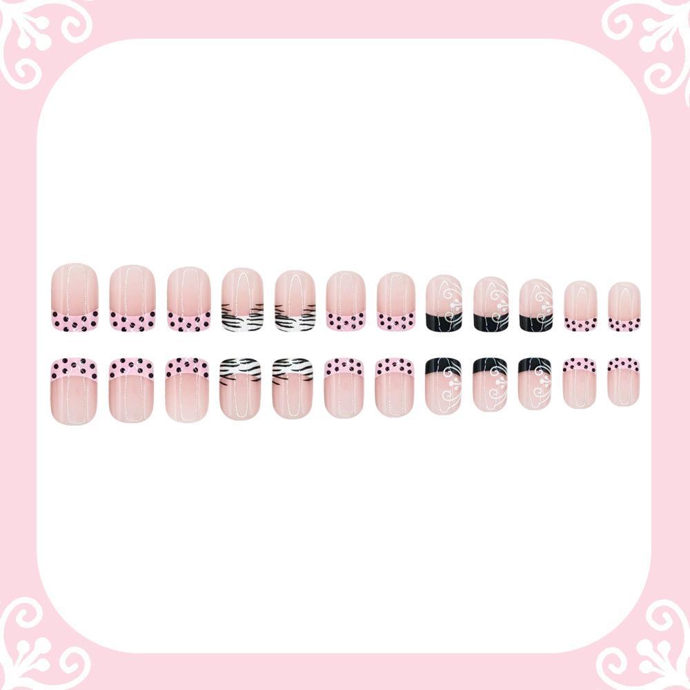 24pcs Short Square Shaped False Nails Black White Zebra-printed Polka Dot French Style Press On Nails Sweet DIY Manicure Art