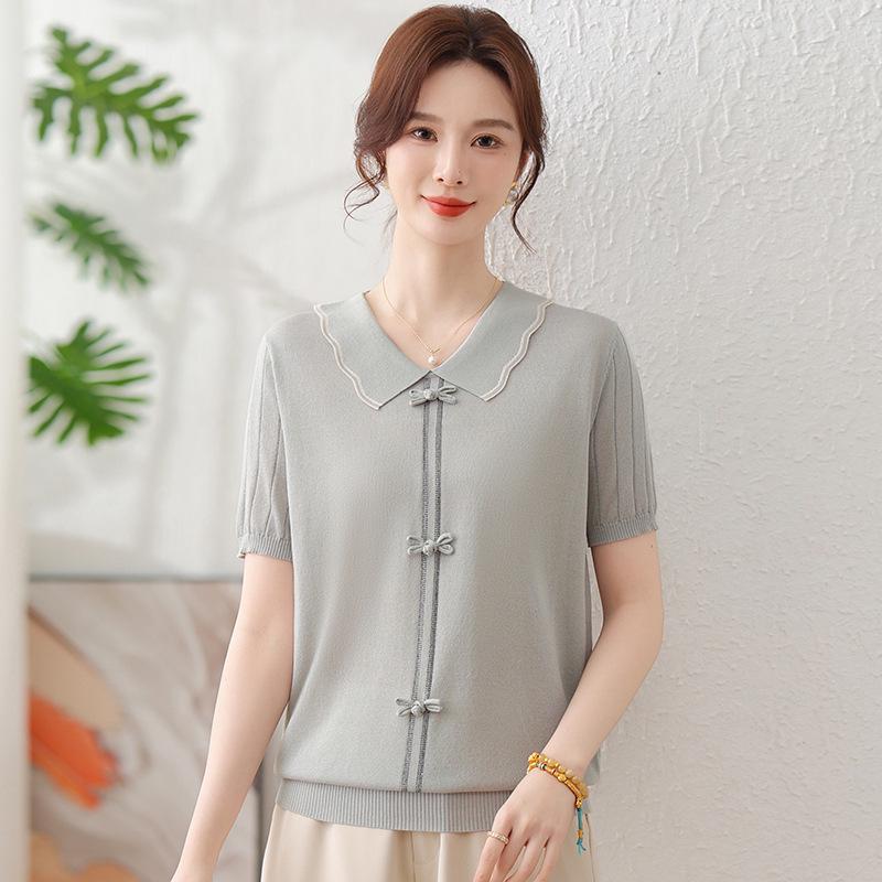 

Elegant Ice Silk Knitted Lapel T-Shirt for Middle-Aged Women - Summer 2026 Collection 5XL (Recommended 75-82 kg) серый/зелёный