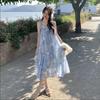 Popular beautiful suit skirt vacation style suspender dress two-piece set fringed hollow long dress suspender skirt