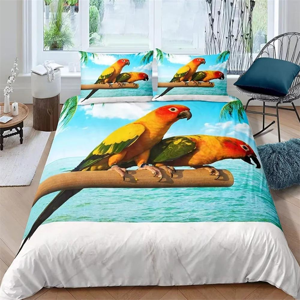 Parrot King Queen Bedding Set Cute Birds Colourful Feather Duvet Cover Tropical Flowers Comforter Cover Polyester Quilt Cover