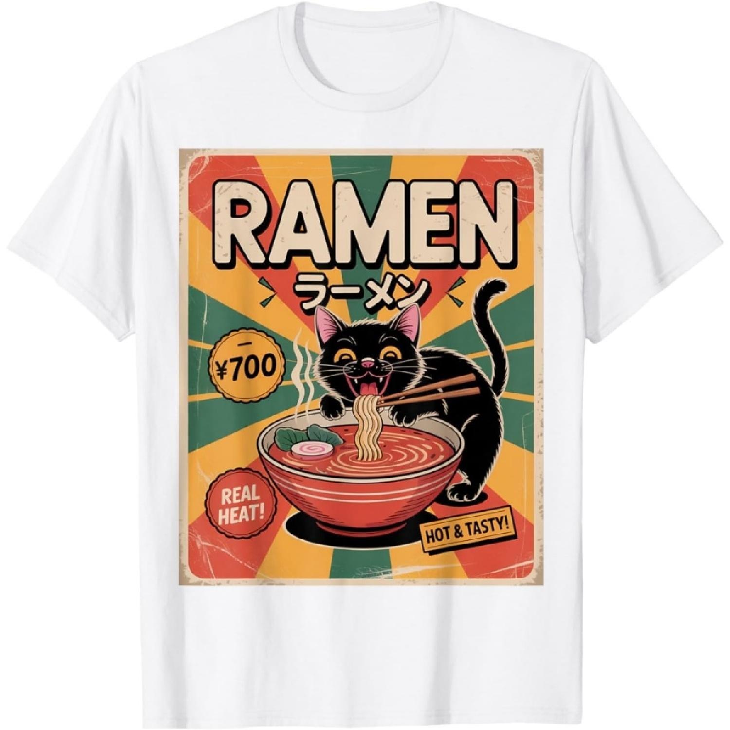 SHANGCHEN Anime Cat Ramen Japanese Funny Graphic Y2K Kawaii Cat Gifts T-Shirt S