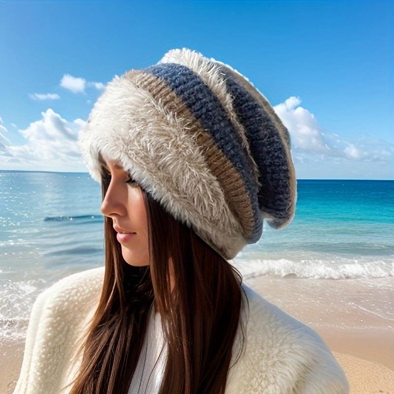 Women's Winter Chunky Knit Beanie - 100% Acrylic Plush Lined Elastic Slouchy Hat, Lightweight Thermal Warmth, No Brim Cap for Daily Wear