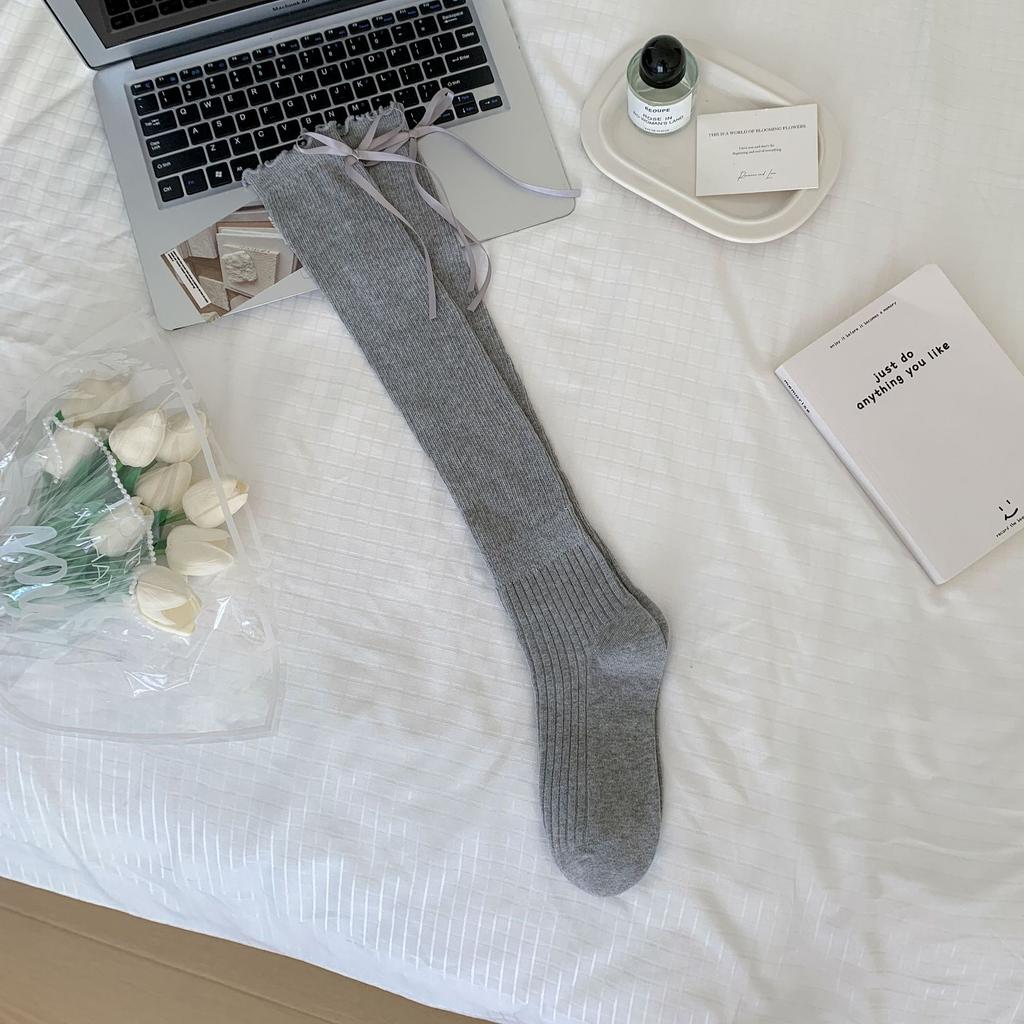 In The Early Autumn Of 2025, New Products, Fungus Edge Calf Socks, Bow Splicing, High Tube Solid Color Jk Knee Socks, Stacking Socks