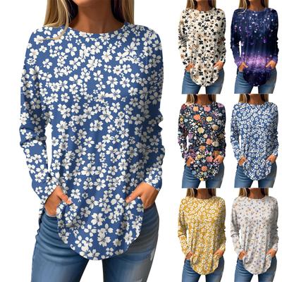 Women's Loose Casual Printed Round Neck Long Sleeved T Shirt Top Pullover Long Sleeved Sweatshirt
