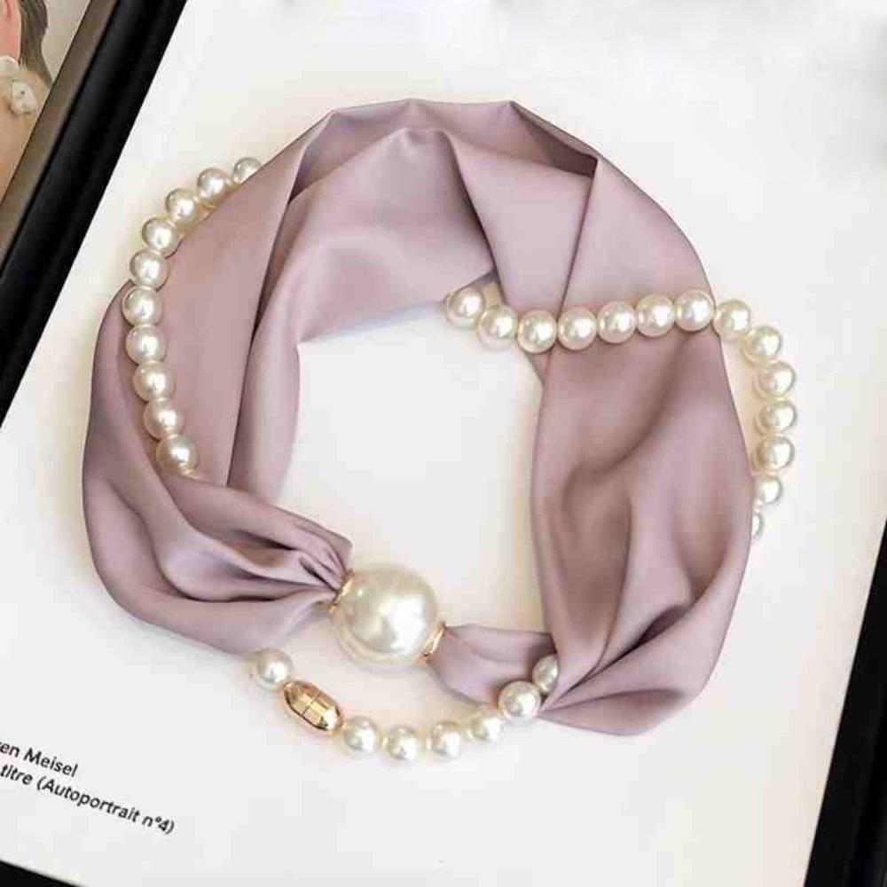 

Fashion Magnetic Buckle Neck Scarf with Pearls Chain Thin Satin Scarf Narrow Soft Neckerchief