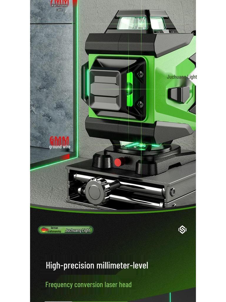 12/16-linjers minilaserpassare med hög precision, grönt ljus och vägg-/golvklistermärken