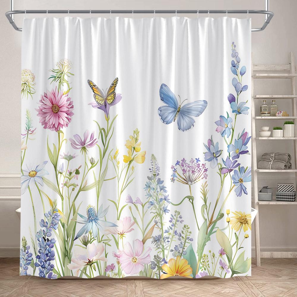 Floral Shower Curtains Watercolour Flowers Butterfly Plant Modern Minimalist Bathroom Curtain Polyester Fabric Home Decoration