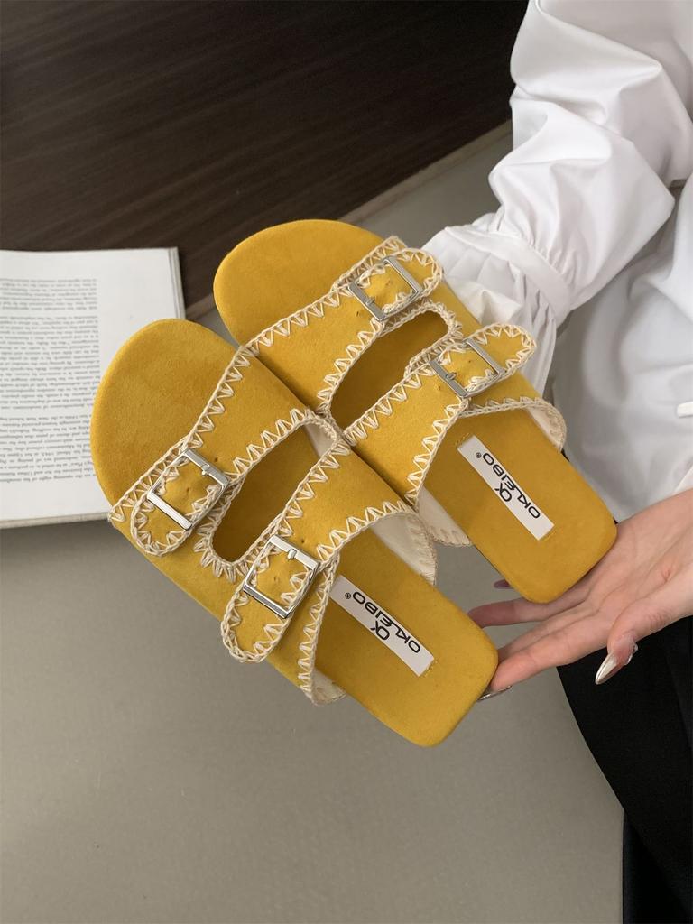 Casual and simple Korean version of double-breasted one-word with flat-bottomed cool slippers for women's 2025 new summer embroidered half-slippers
