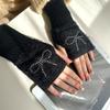 Hotfix Rhinestone Bow Gloves Plush Half Finger Mittens Soft Knitted Gloves  Outdoor