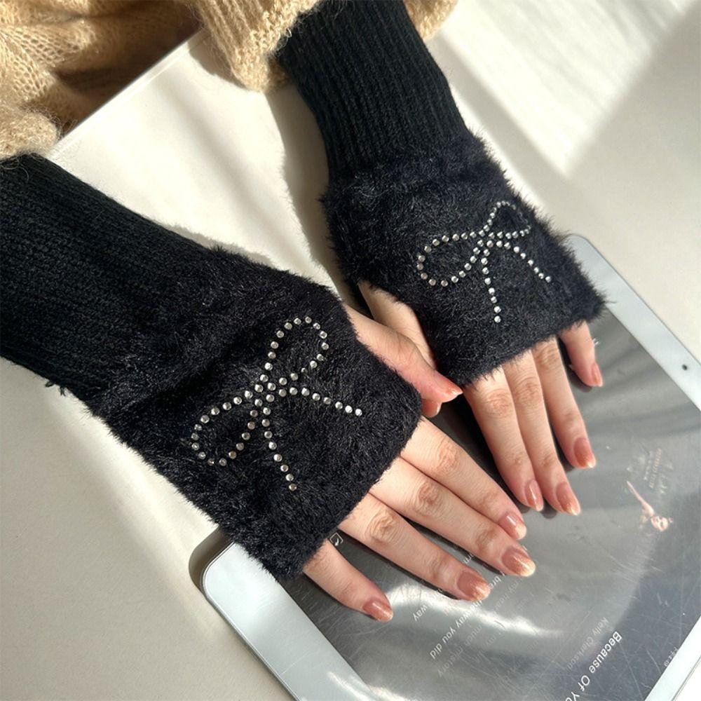 Hotfix Rhinestone Bow Gloves Plush Half Finger Mittens Soft Knitted Gloves Outdoor
