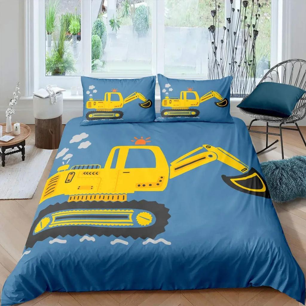 Elegant Breathable Construction Vehicles Boys Excavator Yellow Tractor Truck for Teens Child Old Retro Car Theme Room Decor Quilt