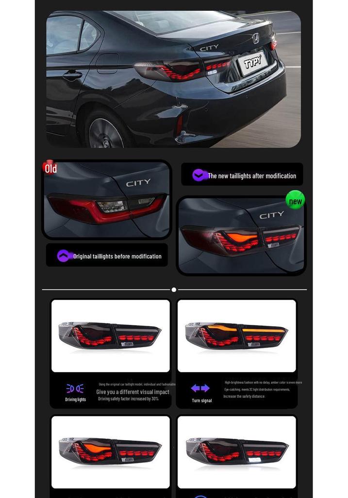 Compatible with 2020-2025 Honda City Dragon Scale Style LED Tail Light Assembly with Flowing Turn Signals.