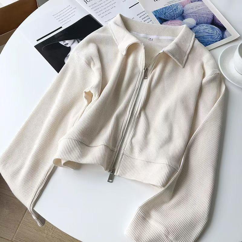 Cotton waffle short coat women's autumn new loose design double zipper top casual cardigan trend