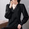 Spring Autumn Solid Color V-neck Long Sleeve Fashion Shirt Women High Street Casual Loose Lacing Cardigan Elegant All-match Tops