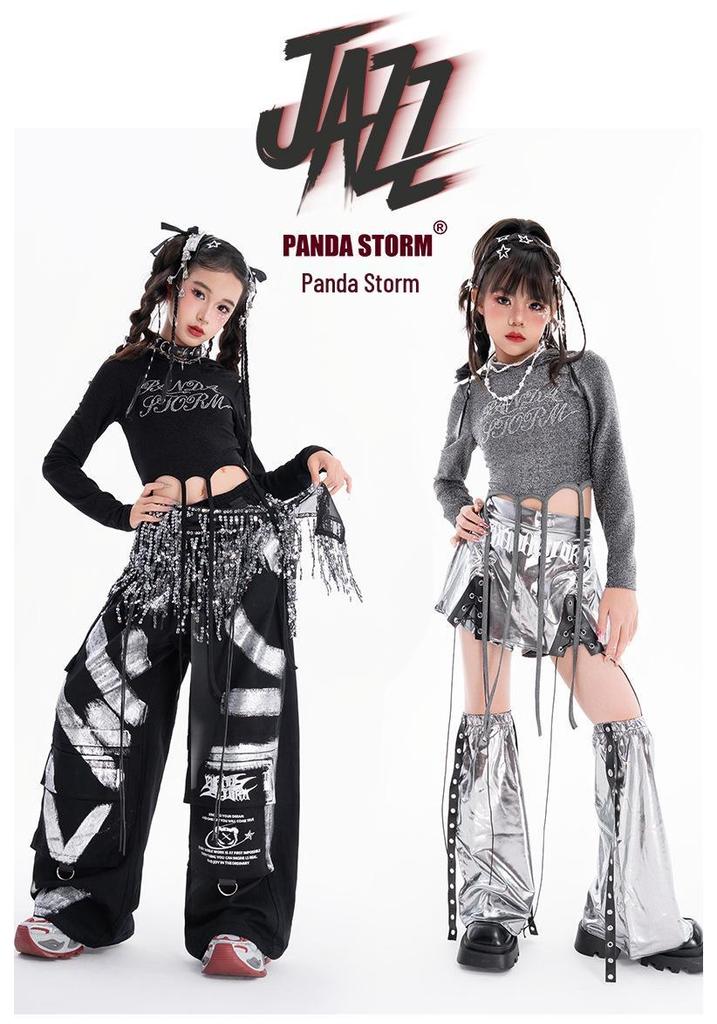 Girls' Sparkly Jazz Dance Long-Sleeve Outfit: Fashionable Street Dance T-shirt & Pants Set