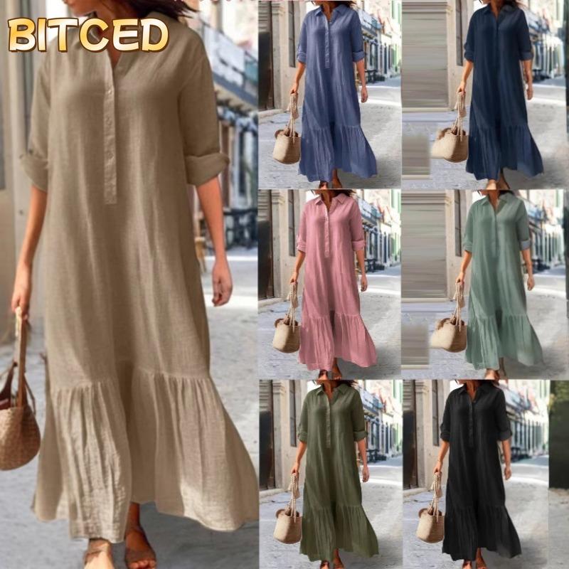 BITCED Fashion Spring Autumn Solid Color Print Long Sleeve POLO Neck Casual Dresses International design