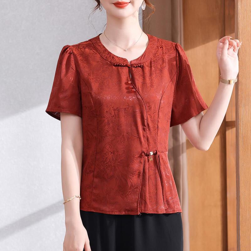 Women s New Chinese Style Chiffon Short Sleeve Top 2XL